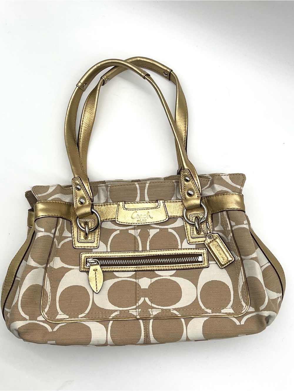 Coach Penelope Signature Shantung Jacquard Gold Metallic Tote Shoulder Bag 13290